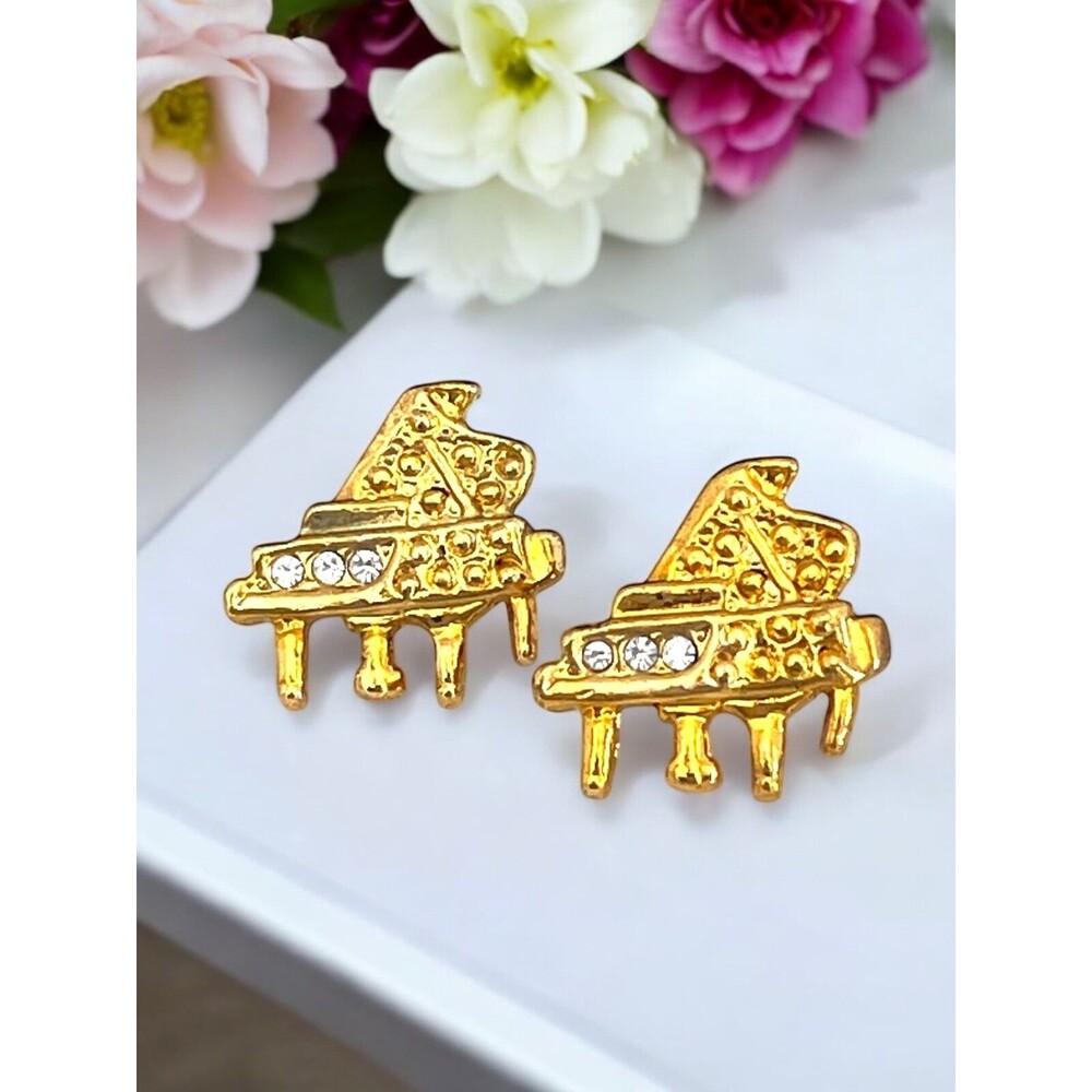 Vintage 1980s Piano Clip Earrings Rhinestone Gold Tone Baby Grand Figural - 9M
